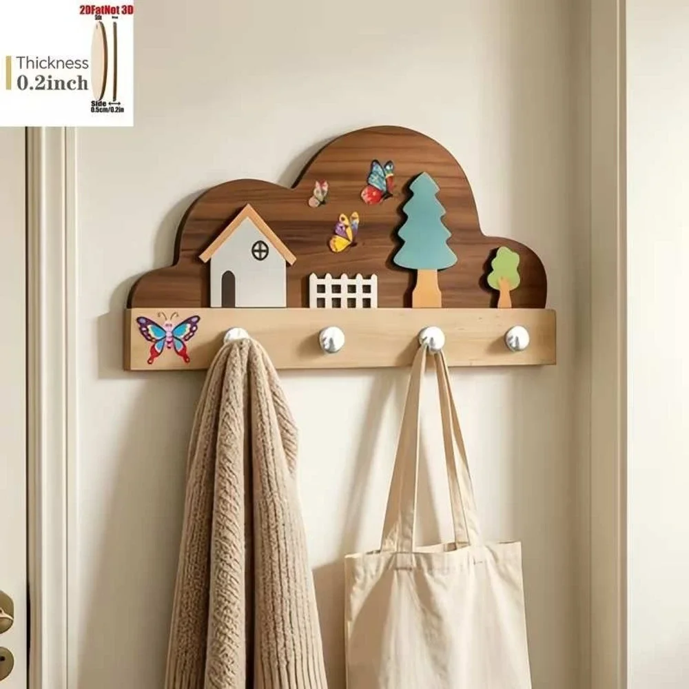 Wood Wall Hook Rack Cottage Butterfly Key Storage Shelf Brown 11in